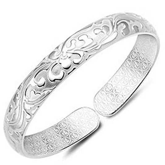 Unisex Silver Plated Geometric Bangle Bracelet Ethnic Style Wide Cuff Jewelry for Anniversary Birthday Travel Gift
