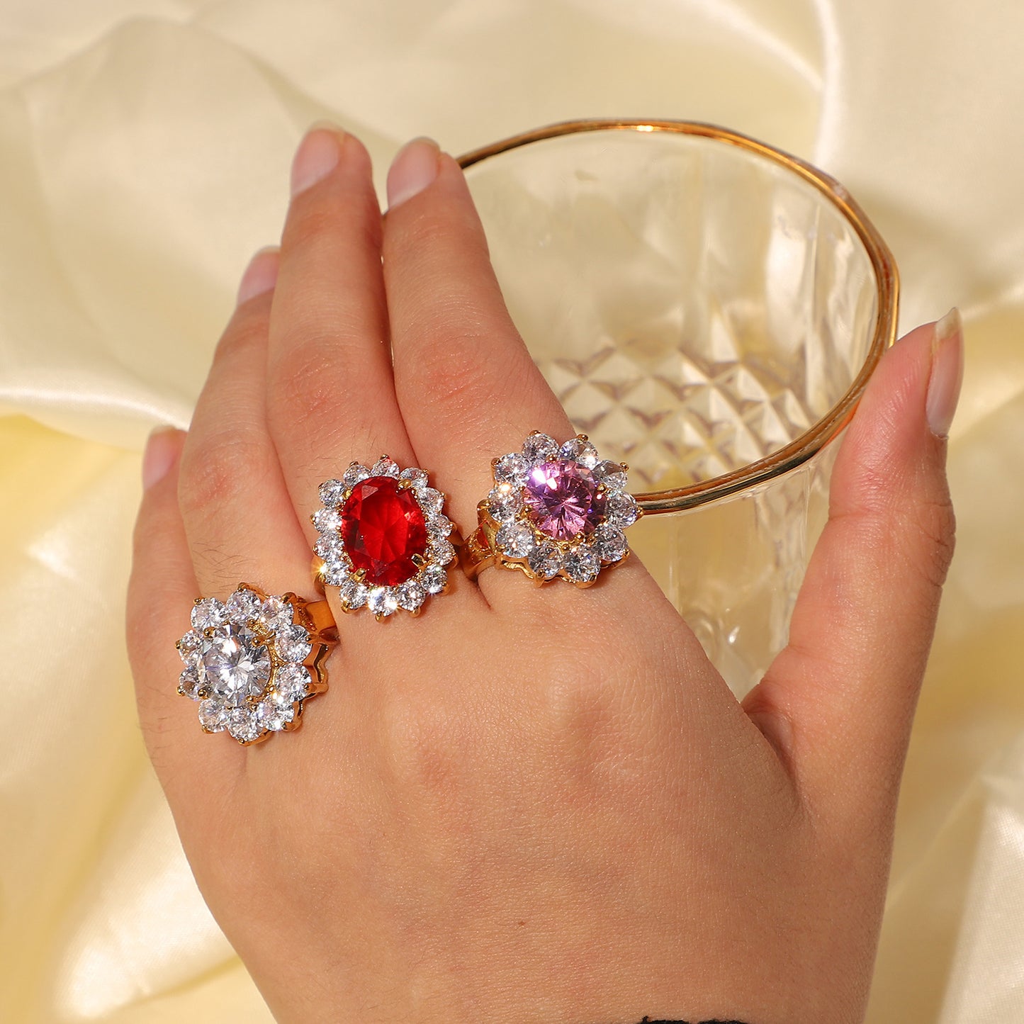 Womens Flower Ring Stainless Steel Zircon Inlay Oval Gem