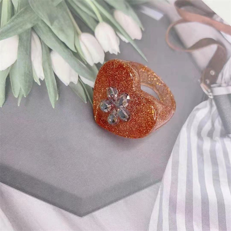 Womens Fashion Ring With Resin Flower Heart Design And Glitter Sequin Accents Rainbow Rings Quality Women Girl