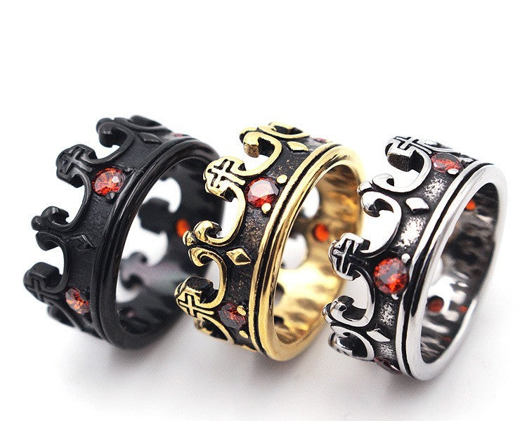 Mens Vintage Titanium Steel Ring 10mm Wide Band Crown Red Diamond Detail Durable Fashion Jewelry Gift Worth It