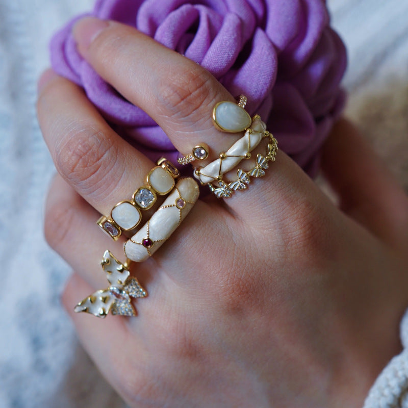 Enamel Streamer Open Ring Milky White Copper Geometric Jewelry Adjustable Fashion Accessory Gift for All Women