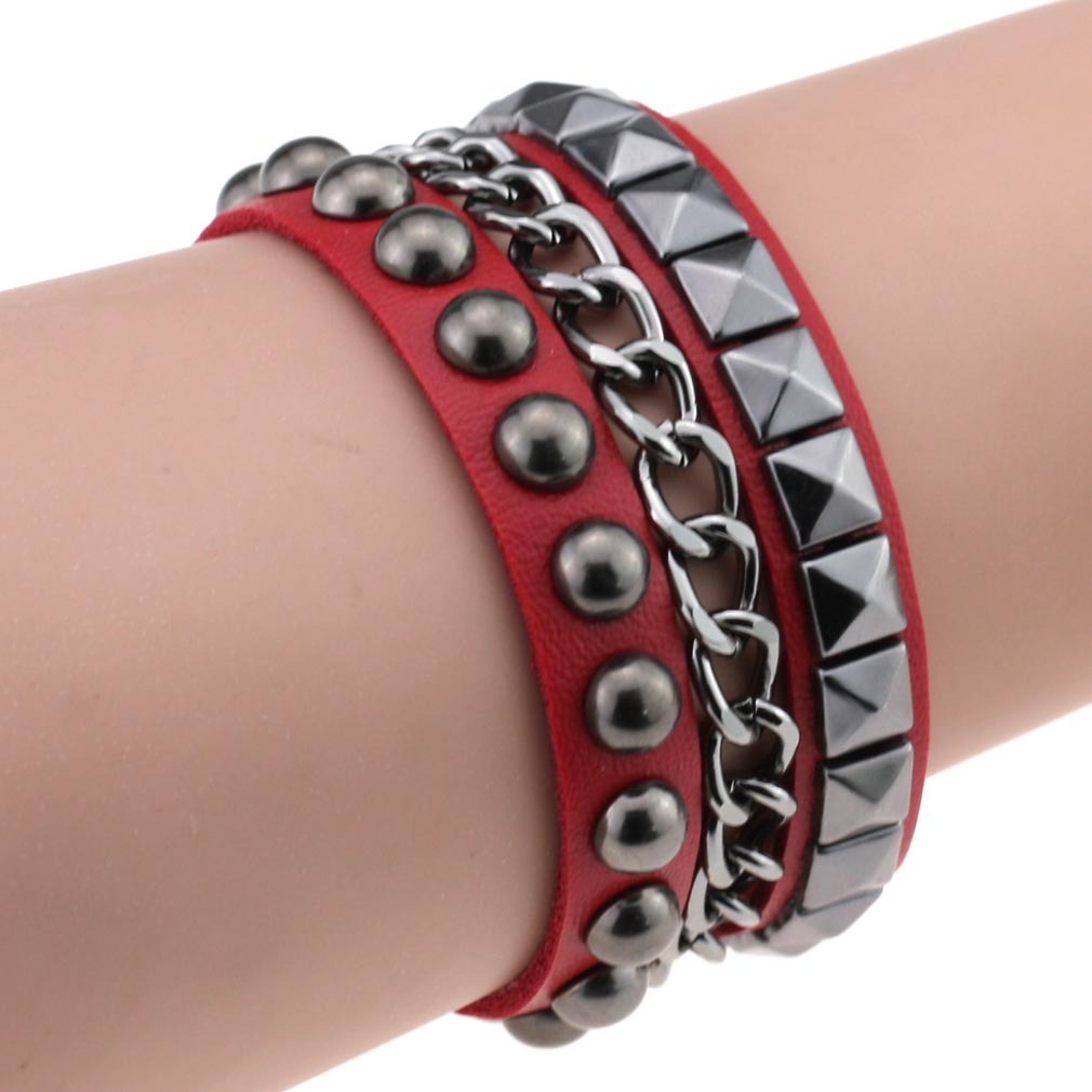 Layered Rivet Leather Bracelet PU Metal Bangle 22cm