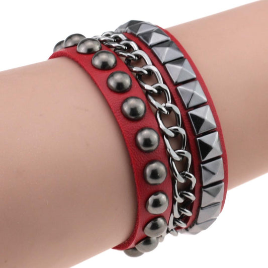 Layered Rivet Leather Bracelet PU Metal Bangle 22cm
