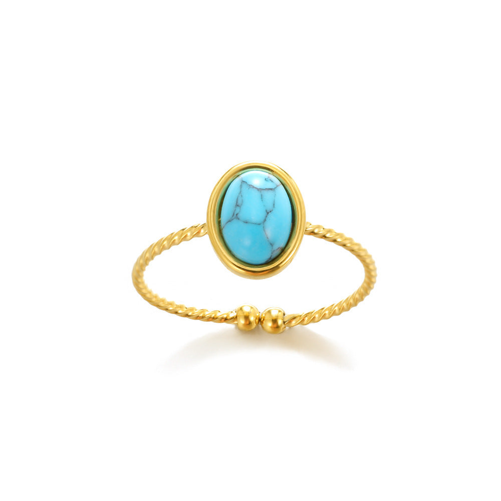 Stainless Steel Ring Turquoise Inlay Geometric Grid Design Electroplated Finish Unisex For Men And Women Trendy