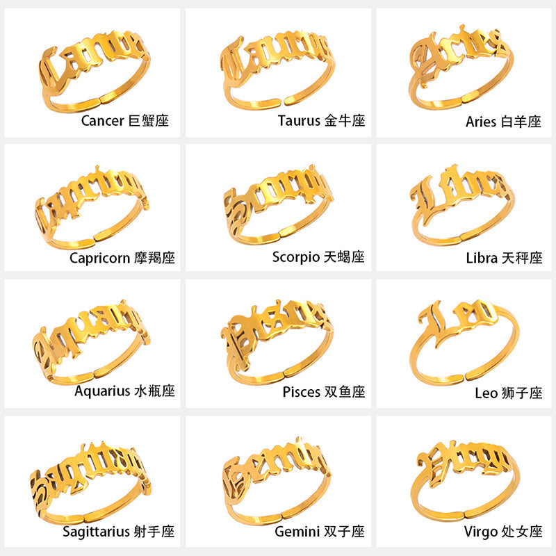 Stainless Steel Zodiac Sign Open Ring Adjustable Gold Letter Initial Ring for Women Lightweight Everyday Spark