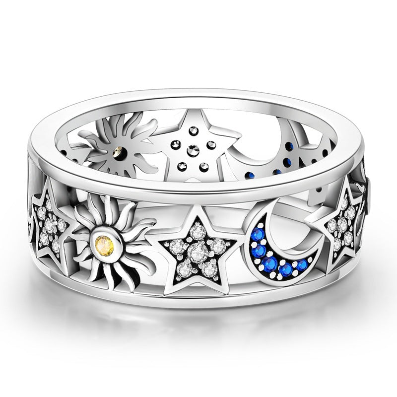 Silver Plated Sun Moon Stars Ring Women Celestial Design Elegant Fashion Jewelry Gift Sizes 7 8 9 Gift For Her