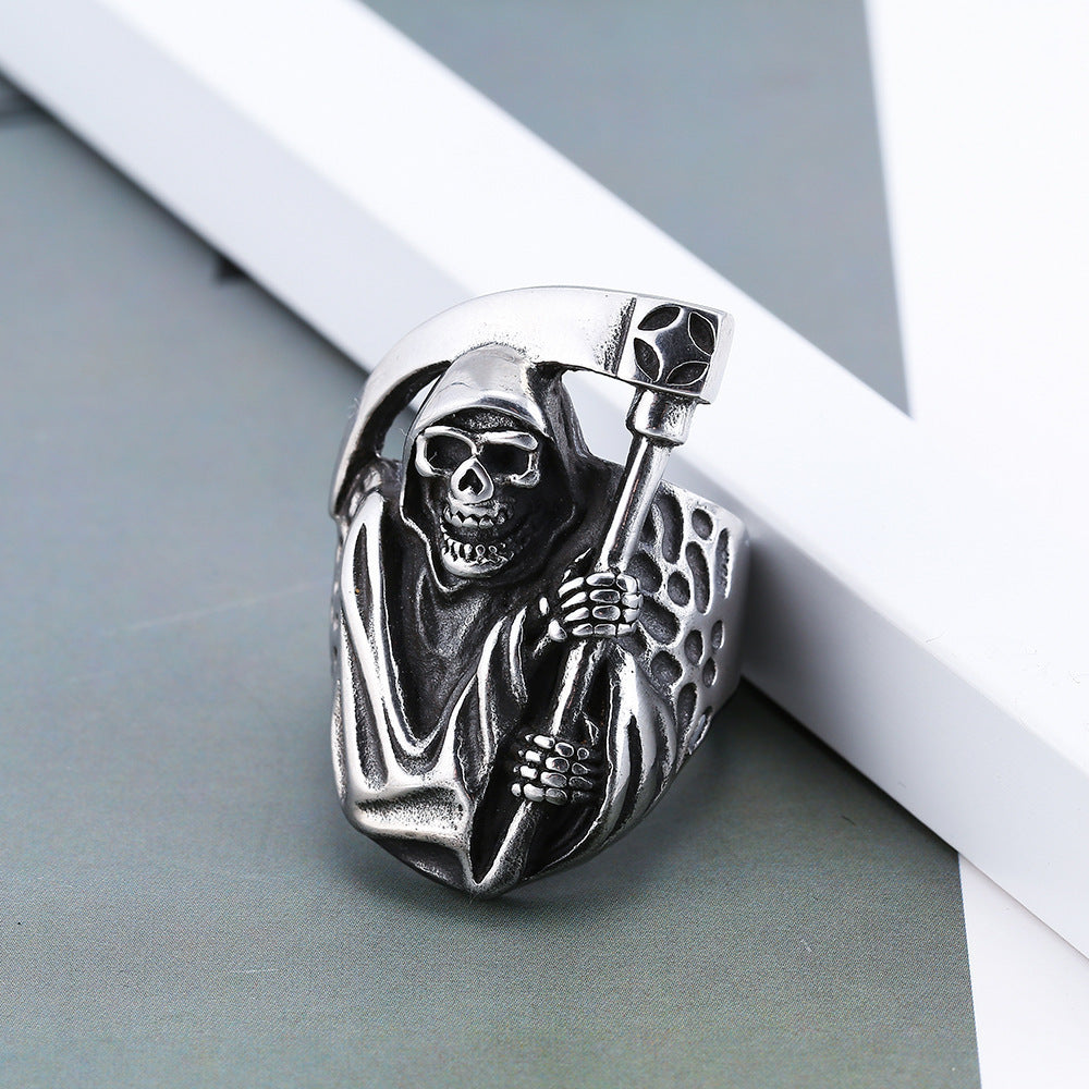 Mens Skull Ring Death Sickle Ring Exaggerated European American Ring Personalized Retro Titan Steel Alloy Ring