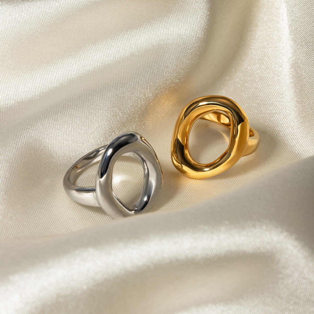 Women's Stainless Steel Ring 18K Gold Plated Oval Hollow Closed Band Trendy Wave Design Ins Fashion Jewelry Gift for Her