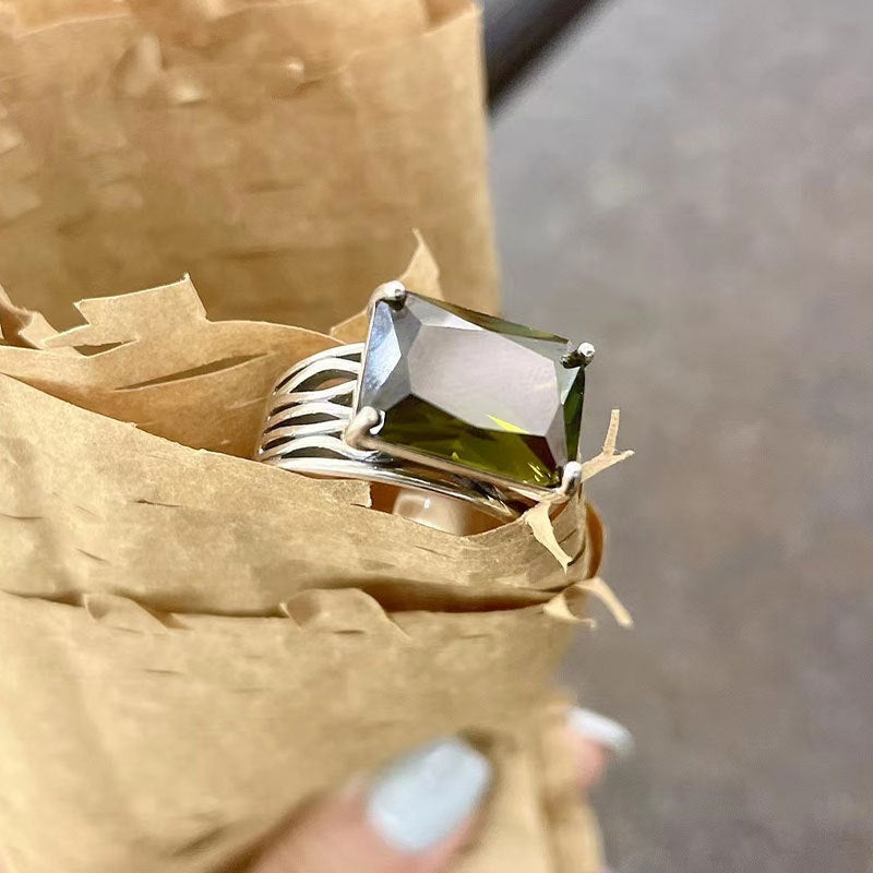 Womens Retro Heavy Industry Open Ring With Geometric Three Dimensional Decoration Adjustable Size Inlay Gemstone