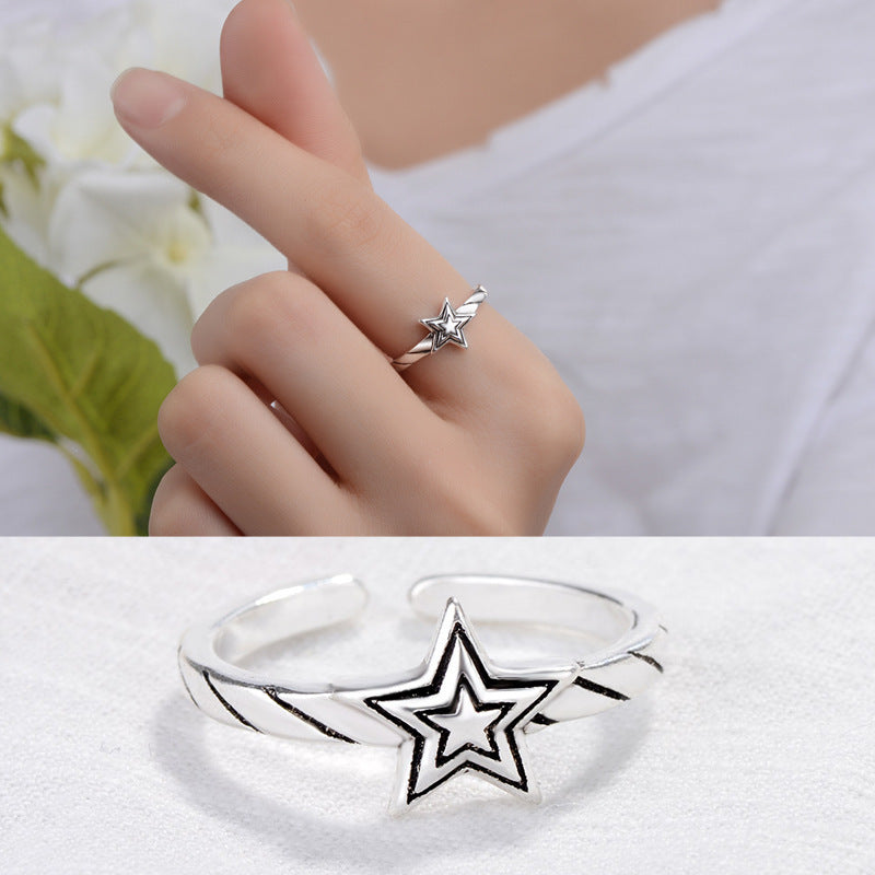 Five Pointed Star Ring Adjustable Geometric Thai Silver Finish Jewelry For Women Daily Vintage Rings Size Type