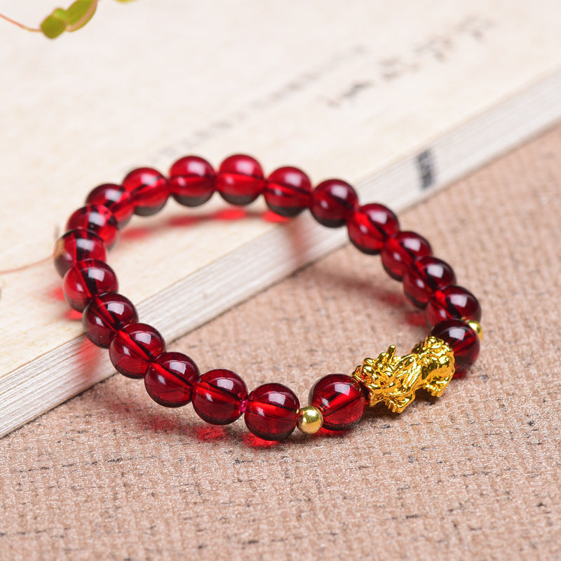 Womens Garnet Pixiu Glass Bracelet With Metal Elements National Design Animal Zodiac Jewelry Anti Fatigue Gift