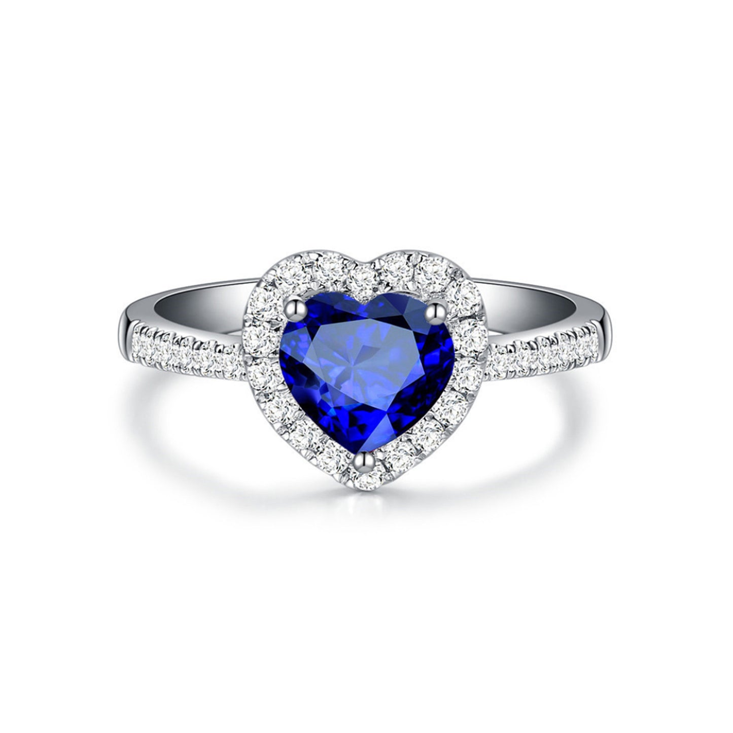 Women Ring Heart Shaped Blue Gemstone White Copper European American Wave Design Sizes 5 6 7 8 9 10 Royal Blue