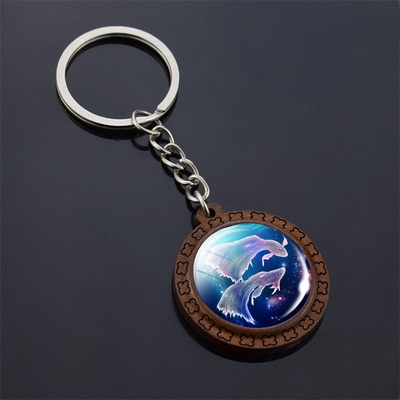 Wooden Carved Constellation Zodiac Keychain with Time Gem Pendant and Glass Accents for Purse Blue Finish Gift