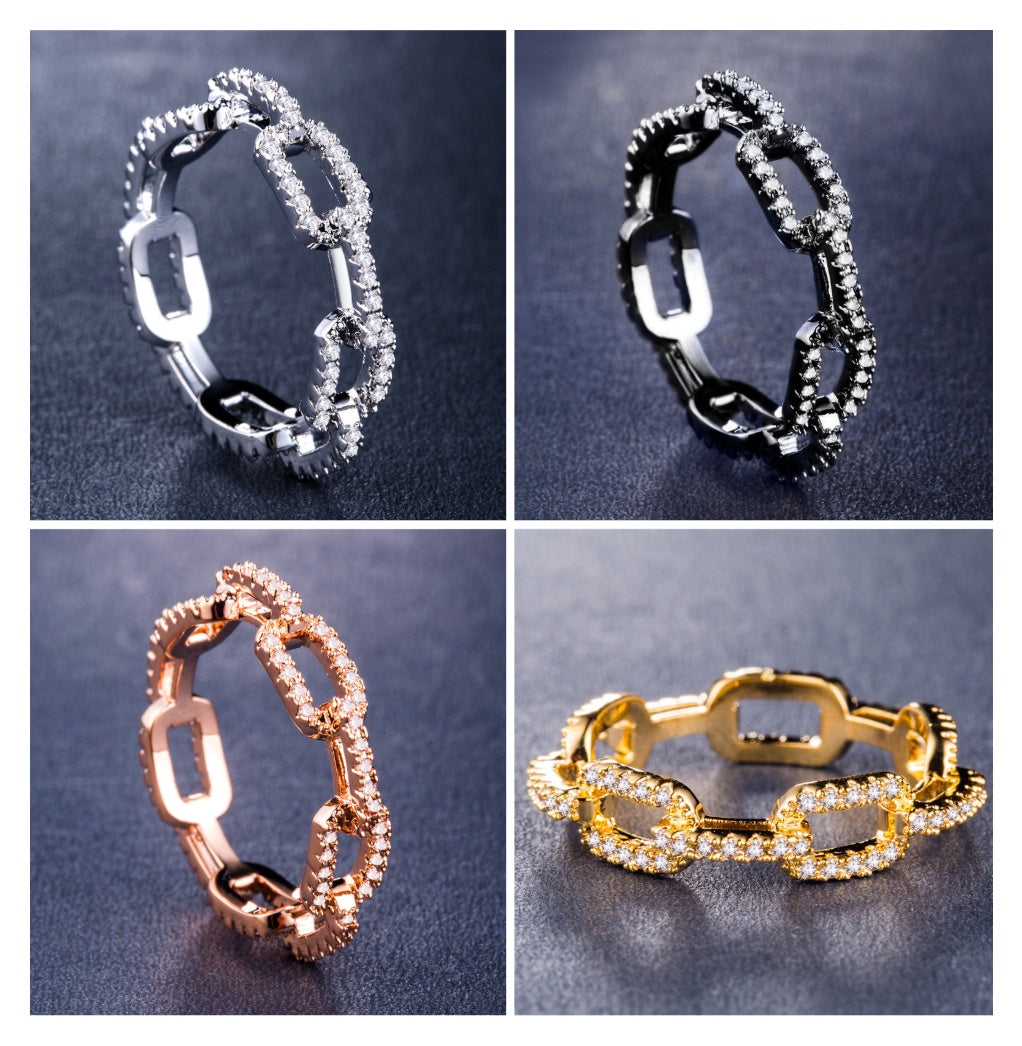 Zircon Inlaid Lock Chain Ring Gold Plated Copper Geometric