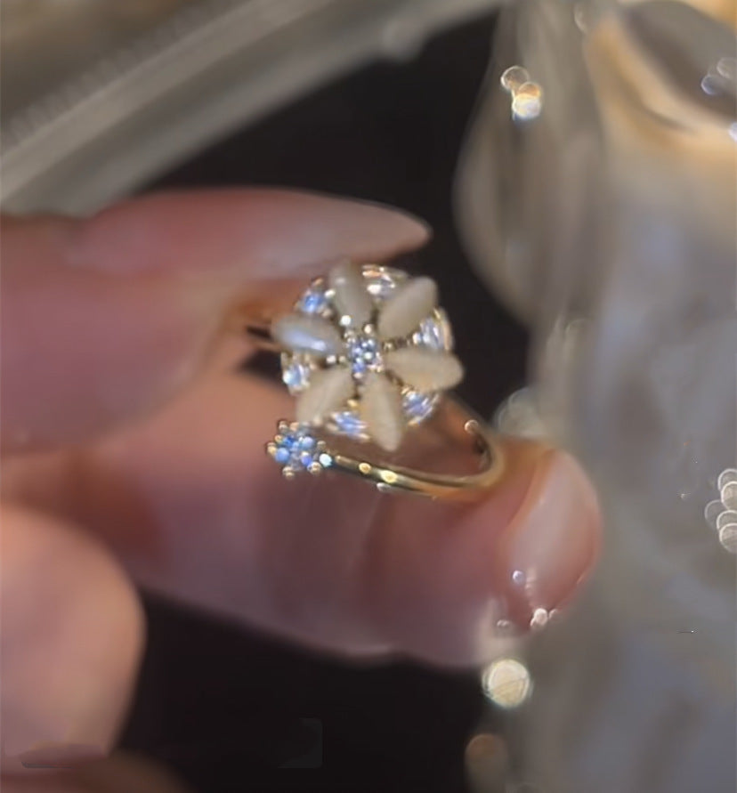 Women Opal Spinning Flower Ring Copper Zircon Accented Rotating Design Adjustable Finger Jewelry For Her Gifts