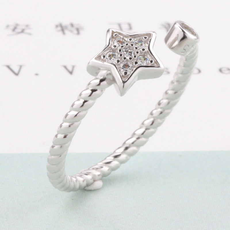Womens Five Pointed Star Ring White Copper Plated Korean Design Fashion Jewelry Dainty Elegant Versatile Rings