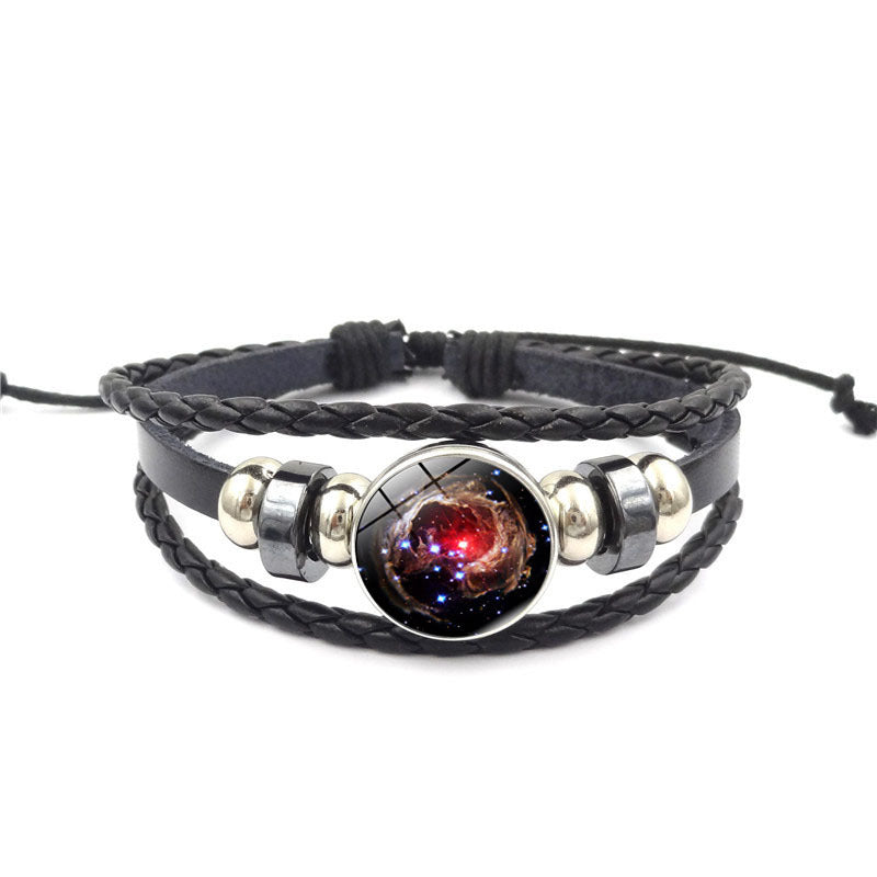 Womens Beaded Bracelet Handmade Starry Sky Universe Design Glass Gem Alloy Pendant Adjustable Leather Rope Gem