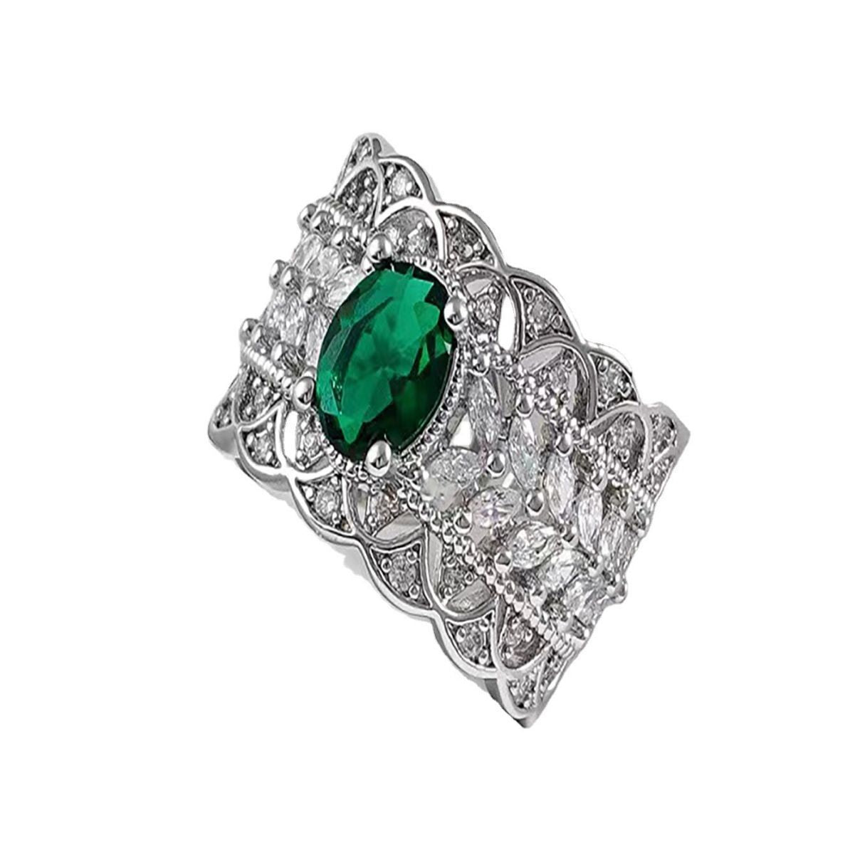 Vintage Court Style Hollow Emerald Diamond Wide Ring Copper Silver Inlaid Zircon For Women Average Size Round