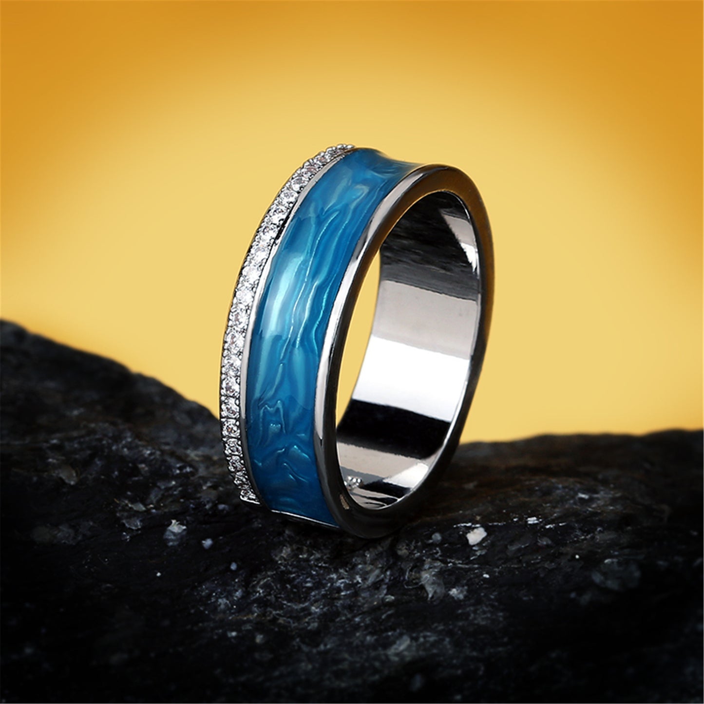 Womens Retro Enamel Ring With Natural Texture Brass Vintage Geometric Zircon Inlay Size 6 7 8 9 10 Brass Shine