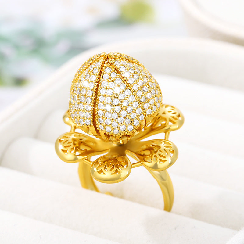Womens Copper Ring Zircon Flower Design Luxe Gold Plated Inlaid Artificial SemiPrecious GemsIndividually Packed