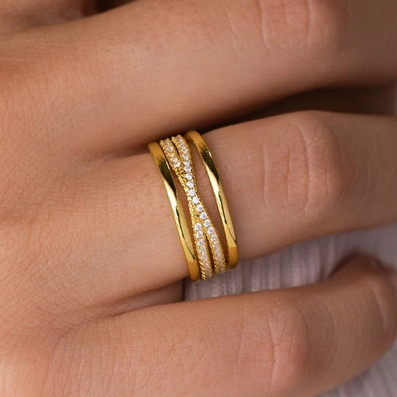 Geometric Cross Ring With Inlaid Zircon For Women In White Gold Tone Or Yellow Gold Tone Fashion Accessory Everyday Wear