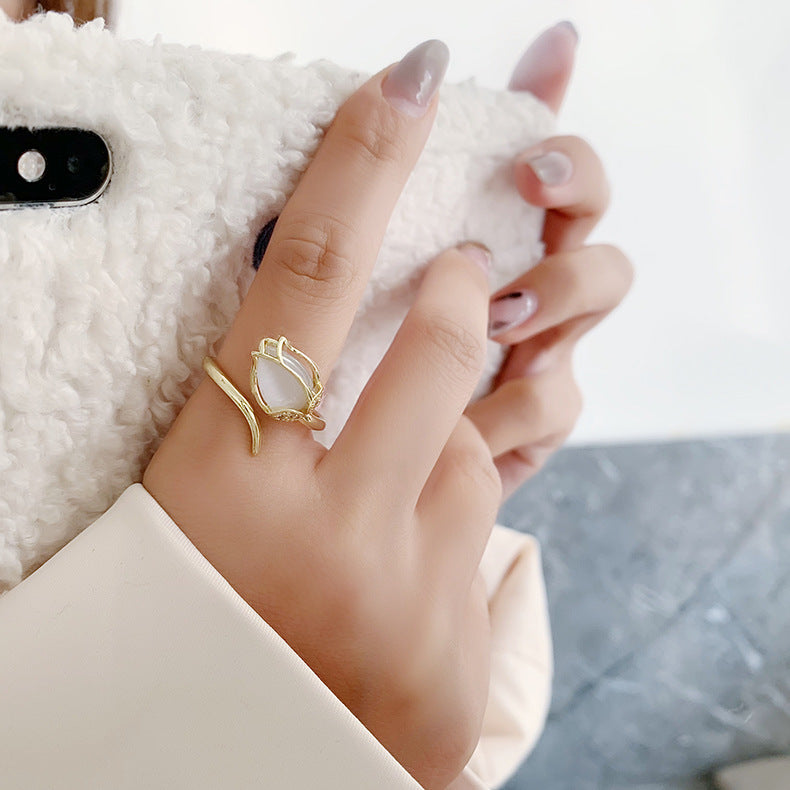 Opal Tulip Flower Ring Gold Plated Fashion Jewelry For Womens Daily Wear Elegant Accessory Modern Sparkle Ring