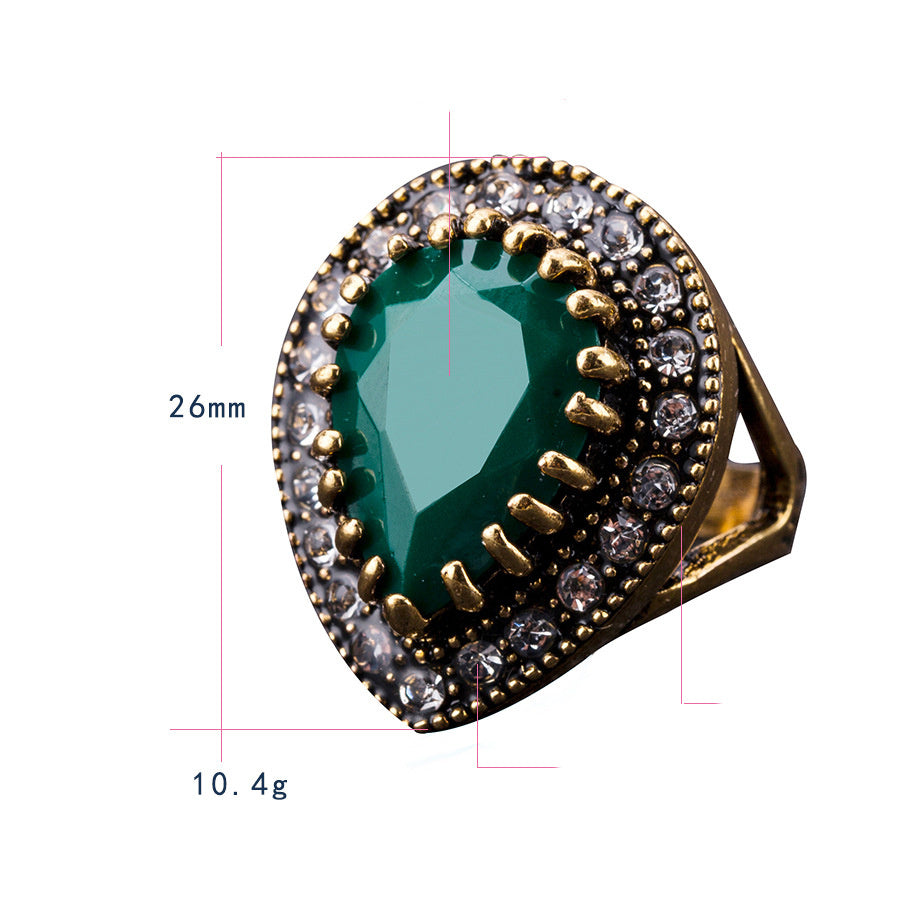 Vintage Resin Boho Ring Teardrop Green Agate Size 7