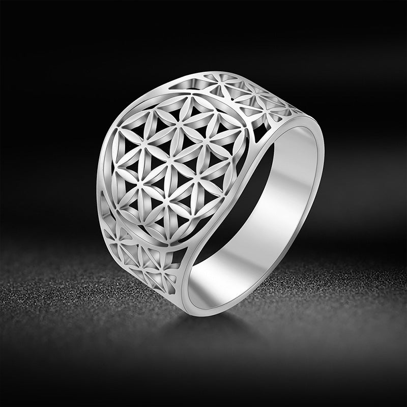 Stainless Steel Ring Flower of Life Design Durable Elegant Band Everyday Wear Jewelry Gift Women Men Hypoallergenic