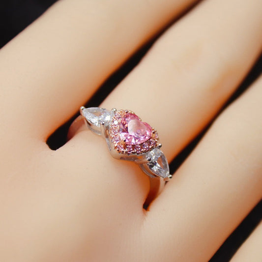 Womens Heart Ring With Zircon Gemstone Inlay White Gold Tone Alloy Jewelry Peach Heart Prong Setting For Her Gift