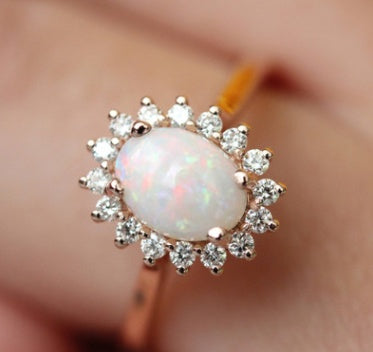 Egg Shaped Opal Ring European Style 18K Rose Gold Plated Jewelry for Women Timeless Zircon Accent Classic Look