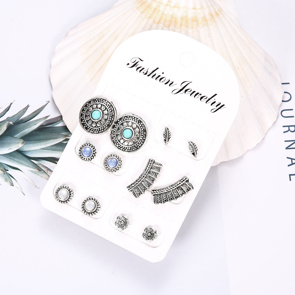 Vintage Carved Diamond And Turquoise Earrings Set Six Pairs For Women Fashion Jewelry Vintage Style Gift Ideas