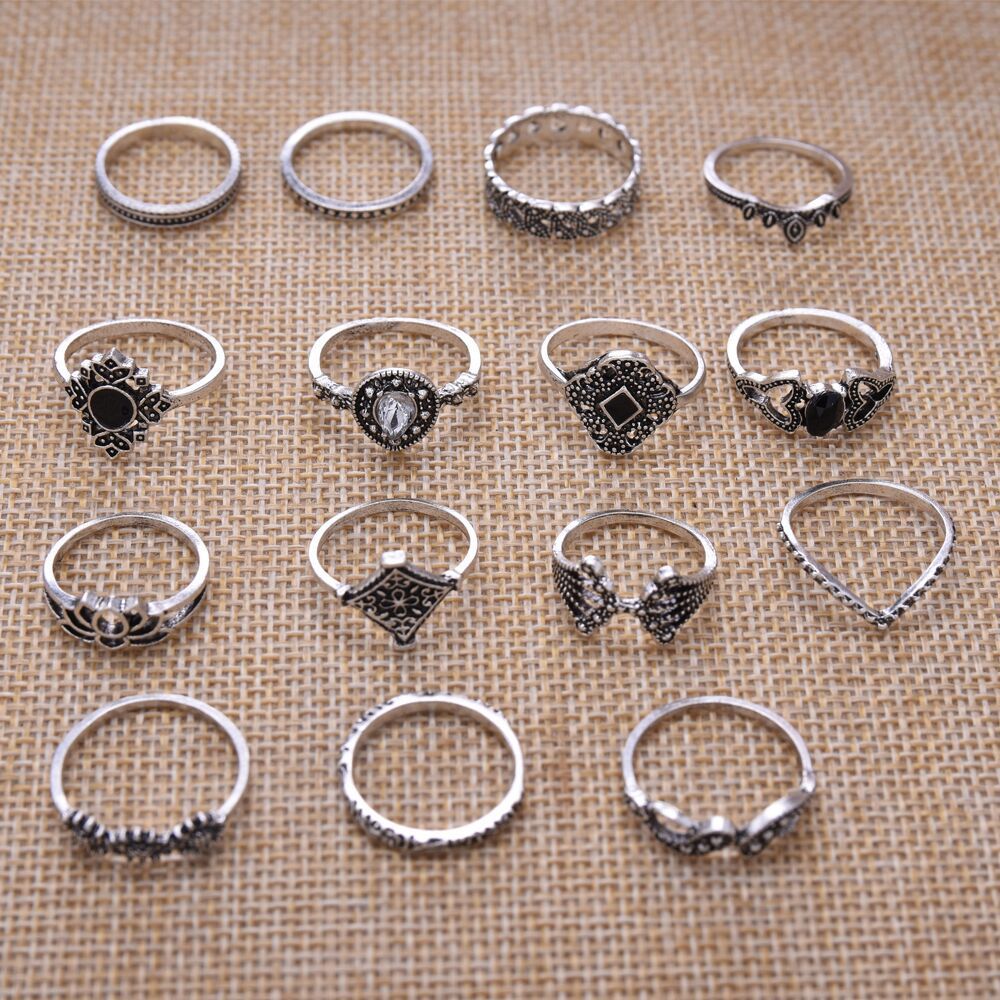 Unisex Ring Set 15 Piece Alloy Rings Lotus Diamond Water Drop Design With Electroplating and Oil Drip Finish Free Size
