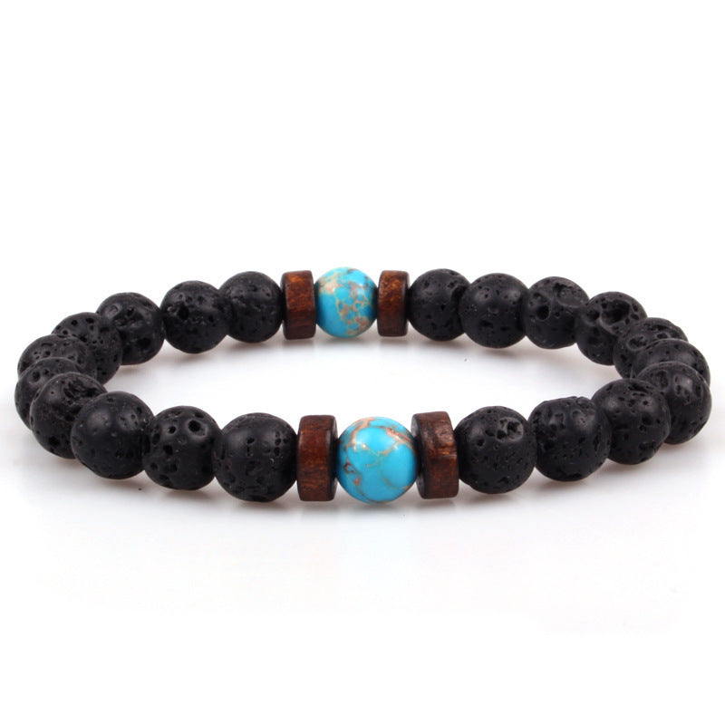 Unisex Volcanic Stone Beaded Stretch Bracelet With Crystal Accents And Wood Beads Geometric Wood Bead Design For Yoga
