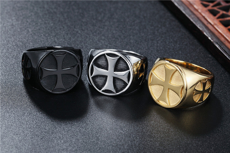 Men's Titanium Steel Ring Retro Cross Medal Design Statement Band Unique Personality Jewelry Gift for Him Fashion Accessory Black Steel Gold Tone