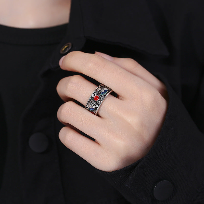 Ethnic Dragon And Phoenix Ring For Women Open Adjustable Copper Jewelry Prosperity Design Vintage Style Unique