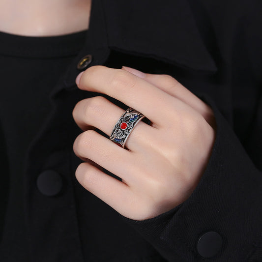 Ethnic Dragon And Phoenix Ring For Women Open Adjustable Copper Jewelry Prosperity Design Vintage Style Unique