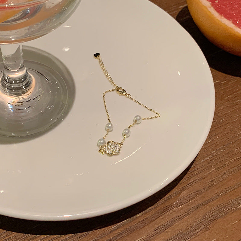 Womens Flower Bracelet Alloy Electroplated Camellia With Pearls Delicate Fashion Jewelry For Elegant Occasions