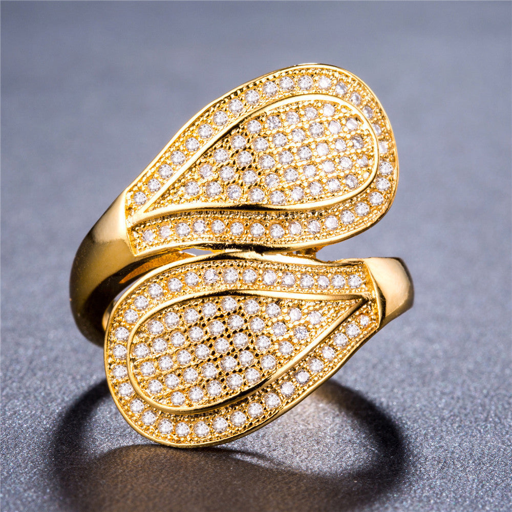 Gold Plated Leaf Ring with Zirconia Inlays and Artificial Gems for Women European American Style Elegant European Design