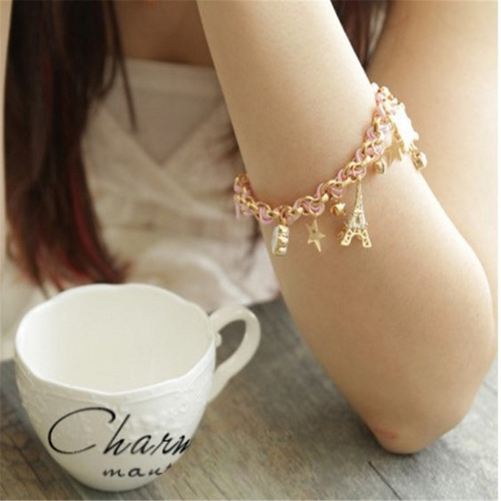 Womens Alloy Bracelet Rhinestone And Artificial Gems Korean Star Flower Design Electroplated Leather Rope Bracelet