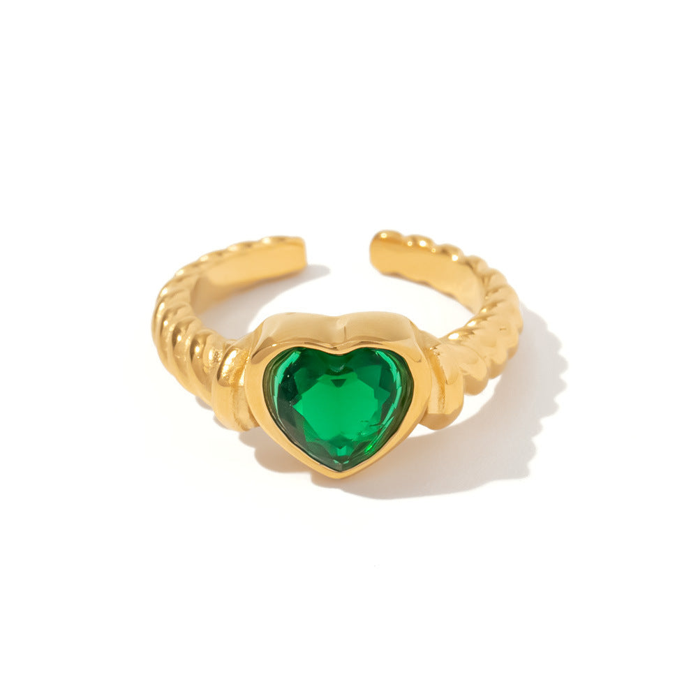 Womens Stainless Steel Ring With 18K Gold Plating Green Heart Inlaid Zircon Open End Geometric Love Jewelry Gem