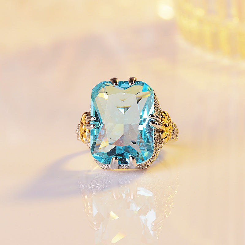 Elegant Ocean Blue Diamond Ring for Women Geometric Band