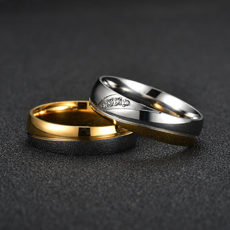 Stainless Steel Diamond Inlay Couple Ring 6mm Gold Plated Wedding Band For Him And Her Diamond Style For Pairs