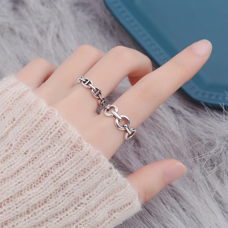 Women Silver Chain Link Ring Adjustable Opening Antique Polished Fashion Jewelry Gift For Her Women Girls Gift