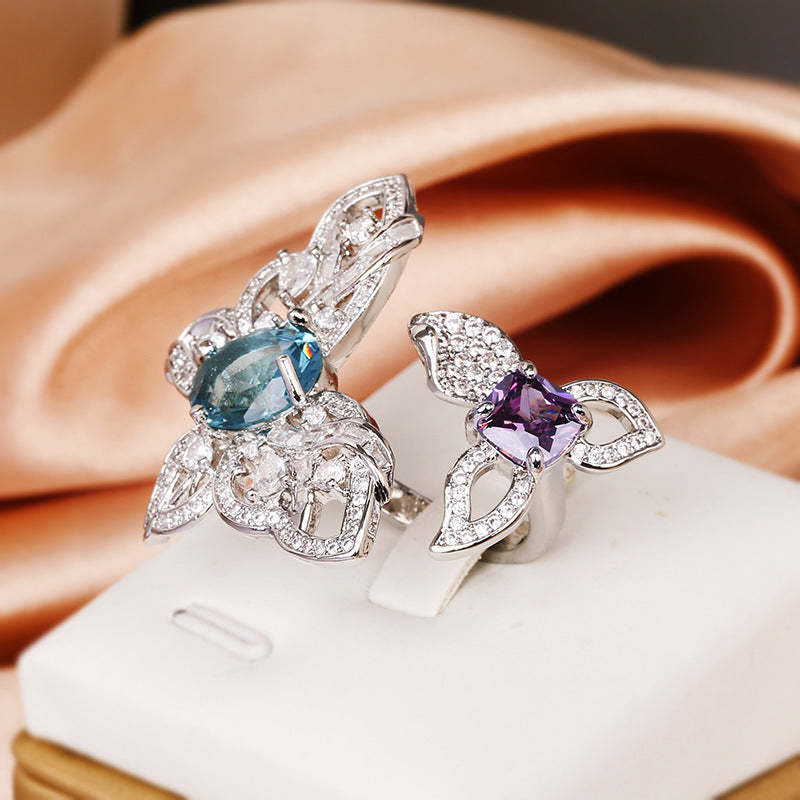 Womens Ring With Rhinestone Butterfly In Heart Design Adjustable Opening Copper Geometric Sky Jewelry For Her