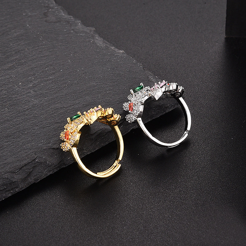Womens Adjustable Open Ring Copper Leaf Design With Zircon Inlays Gold Plated Finish Everyday Styles For Women