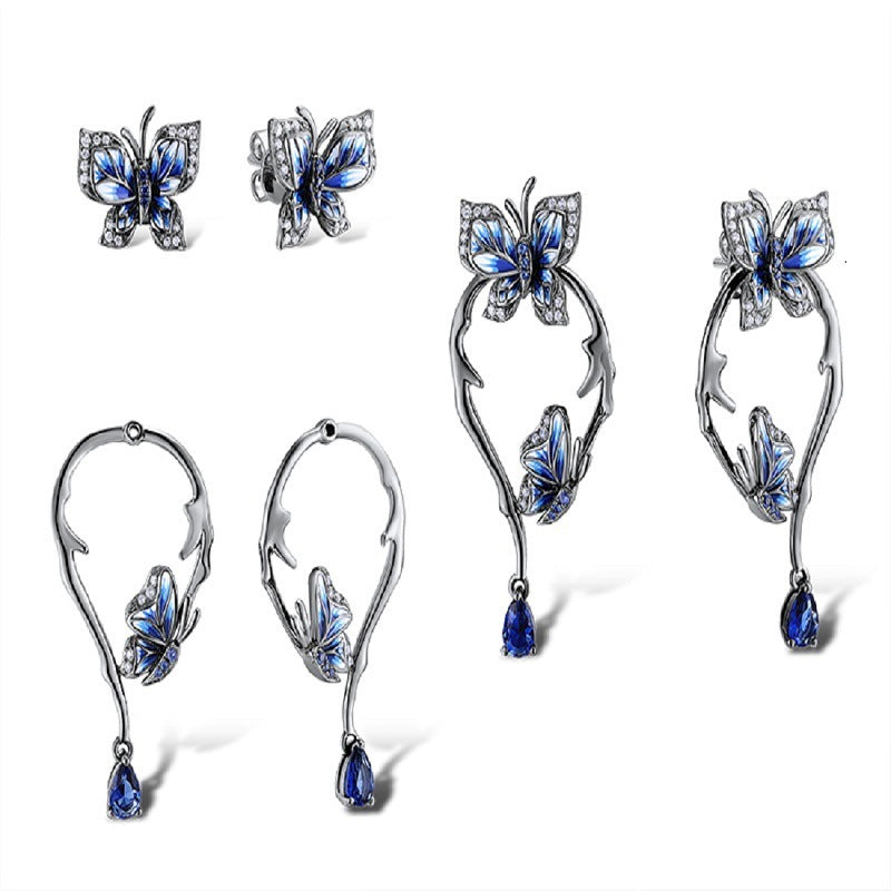 Silver Colour Earrings For Women Blue Butterfly Design Silver Pendant On Hand And Ear Jewelry Set Gift For Her