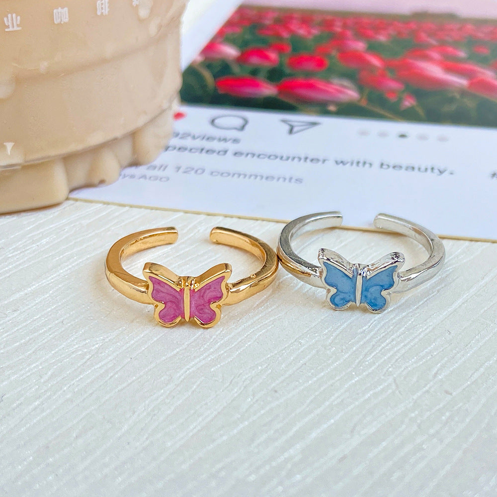 Vintage Butterfly Geometric Alloy Ring With Dripping Oil Design European American Fashion For Women Pink Women