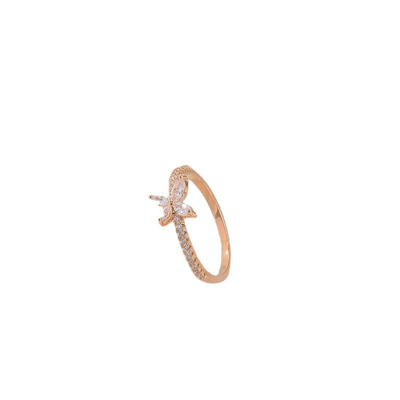 Womens Butterfly Bowknot Ring Rose Gold Copper Adjustable Band Korean Fashion Jewelry Elegant Accessory Trendy