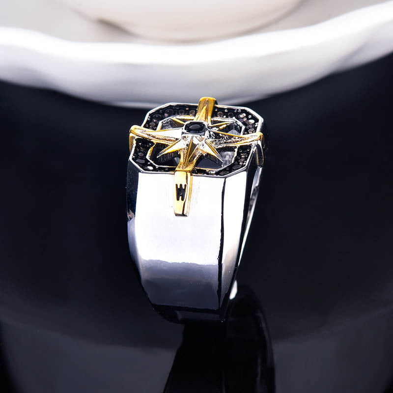 Mens Two Tone Copper Ring Vintage Geometric Compass Seal Design Ring Electroplated Finish Fashion Modern Style