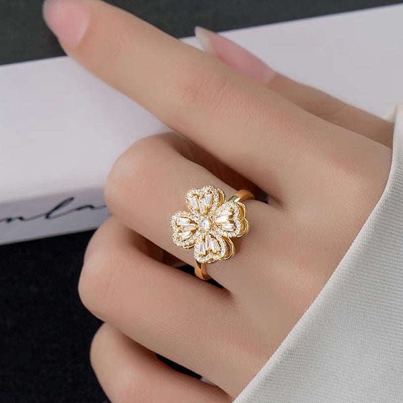 Women Clover Ring Rotating Spinner Jewelry Fashion Trendy Accessory Durable Elegant Gift For Her Camellia Ring